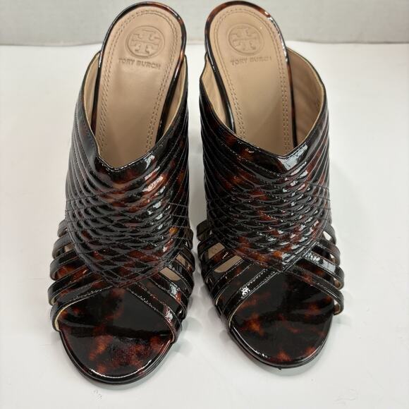 Tory Burch Tortoise Shell Brida Mule Heels Peep Toe Slip-on Sandals Size 8 M EUC - Picture 1 of 11